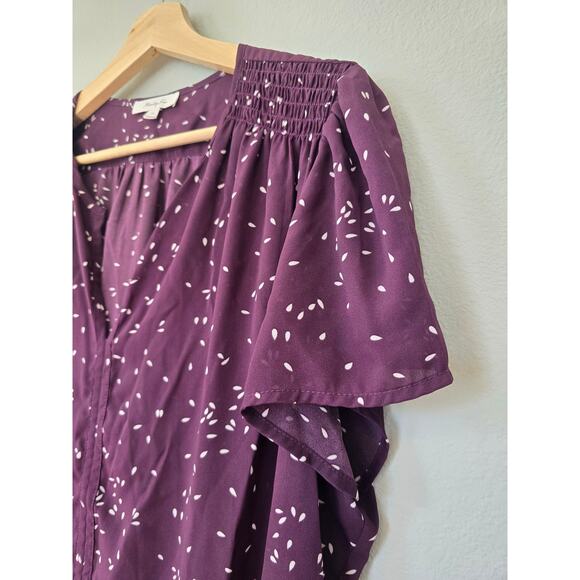 Monday Fun 1X Purple Blouse with Dot Print, Smocked Sleeves Flowy Fit Minimalist - Picture 3 of 8